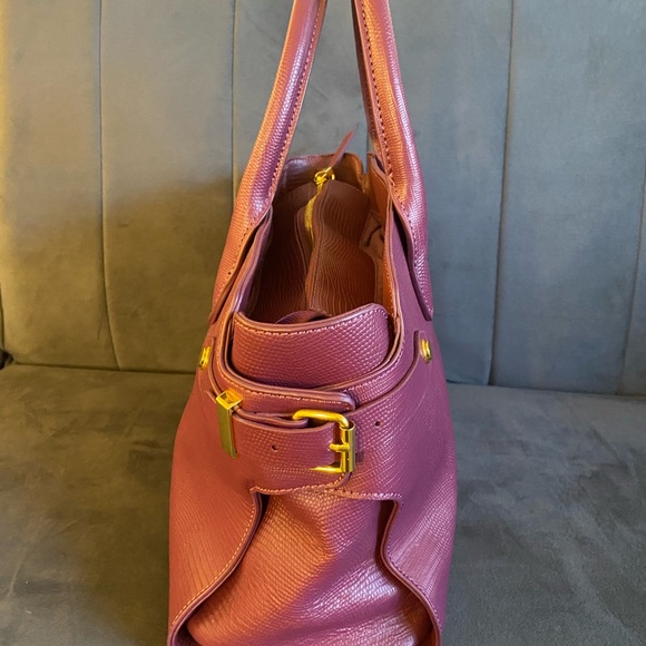 Joy Mangano Eggplant/Gold Saffiano Leather Satchel - Picture 4 of 7